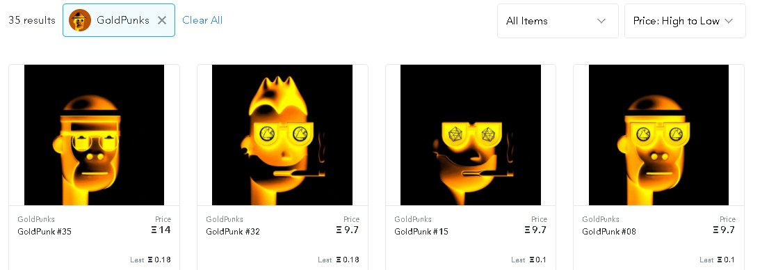 GoldPunks's tweet photo. Re-listings include some heavy hitters at the top again๐
Collectors must be noticing gold prices rising today! ๐
#GoldPunks #NFTs #nftcollectors #unofficialpunks https://t.co/3zsK9DIBgj