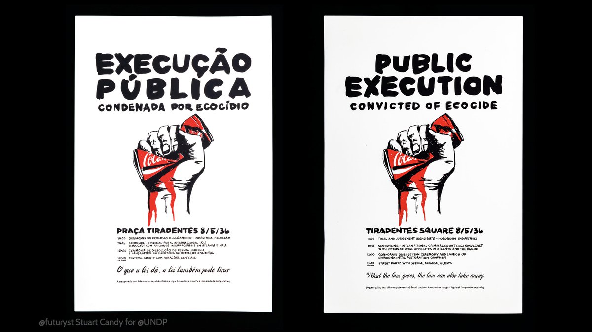 In Rio de Janeiro, Marcela received a screenprinted poster, one in Portuguese and one in English, advertising the public execution/dissolution of a corporation that in 2036 has been convicted of ecocide by the International Criminal Court.