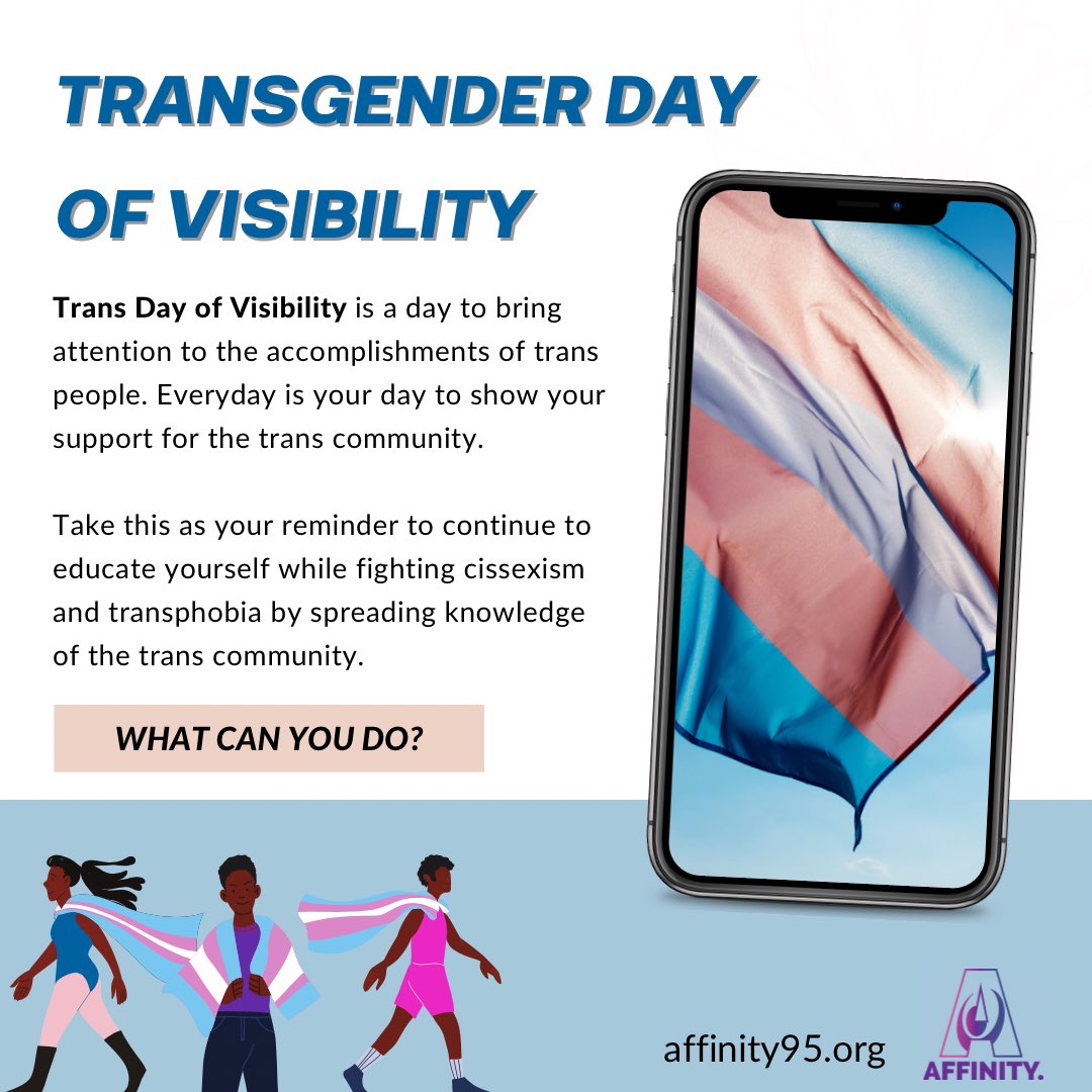 affinityCS's tweet image. Transgender Day of Visibility!

What does that mean?
TDOV is a day to bring attention to the accomplishments of trans people. Everyday is your day to show your support for the trans community, take extra time today!

#tdov #TransDayOfVisibility #weareaffinity #communityundivided