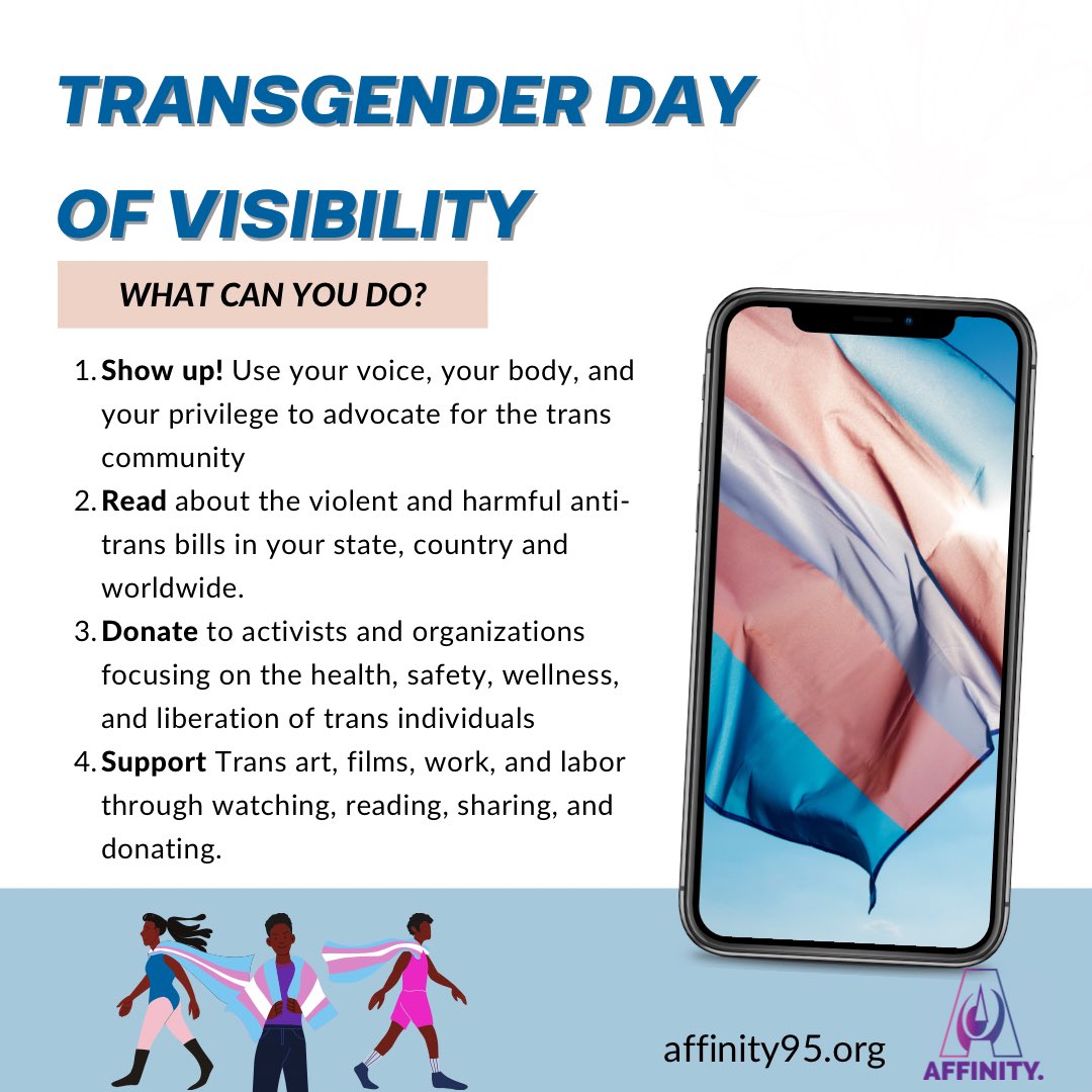 affinityCS's tweet image. Transgender Day of Visibility!

What does that mean?
TDOV is a day to bring attention to the accomplishments of trans people. Everyday is your day to show your support for the trans community, take extra time today!

#tdov #TransDayOfVisibility #weareaffinity #communityundivided