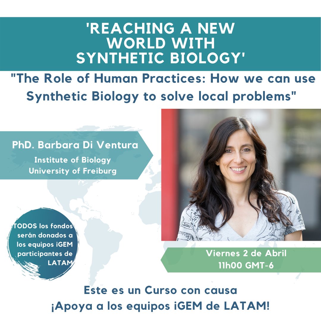 MarioDguez33's tweet image. This Friday April 2nd 11h00 gmt-6 Profr. Dr. Barbara Di Ventura @barbara_synbio (Institute of Biology II, University of Freiburg) will give a talk about #HumanPractices and how we can use #Synbio to solve local problems.