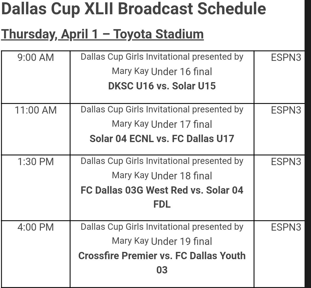 Dallas Cup Girls Invitational presented by Mary Kay,  featuring girls U16 - U19 age brackets. Championship matches live on #ESPN3 on Thursday, April 1. #dallascup 

For ticket information for championship games played at Toyota Stadium, click here. 

dallascup.com/tournament-inf…