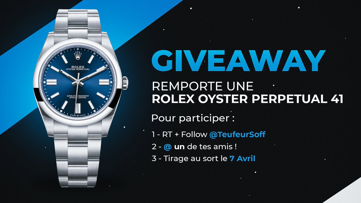 Du jamais vu sur twitter..

Gagne une Rolex Oyster Perpetual 41 en 2 clics..

RT le tweet
Follow <a href="/TeufeurSoff/">Teuf</a> 
Tag 1 pote et commente #RolexbyTeufeurS

C'est tout.. Tirage le 7 avril.

Valeur: 9 - 10 000€ 
Good luck ☘️