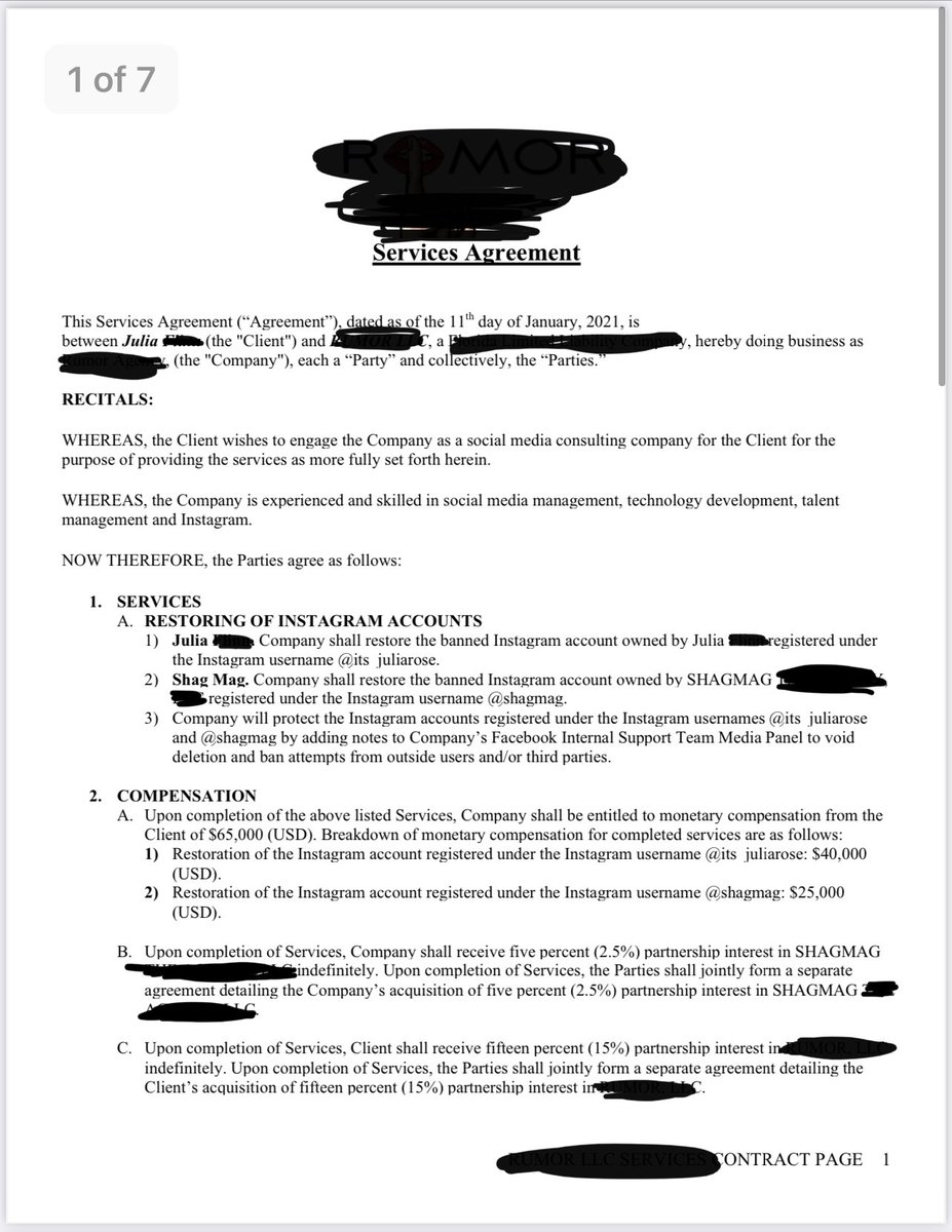 This is where things get juicy...I was then connected with a supervisor at  @Facebook through a mutual friend who said they could get my accounts back for $65K and 2.5% of my company (contract below)+ was told to label myself as a MALE to decrease my chances of getting taken down