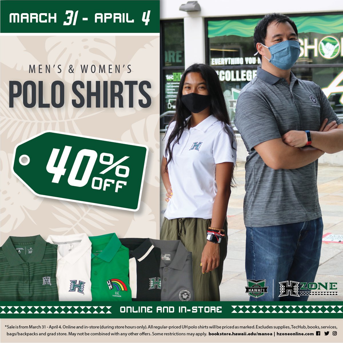 manoabookstore's tweet photo. Enjoy 40% off men’s and women’s polo shirts! Available in-store and online from today (3/31) until Sunday (4/4)!

#uhmanoa #manoabookstore #uhbookstore #uhm #universityofhawaii #gobows #uhwarriors #polo #polosale #uhmpolo #hzone https://t.co/ey0YN8RPad