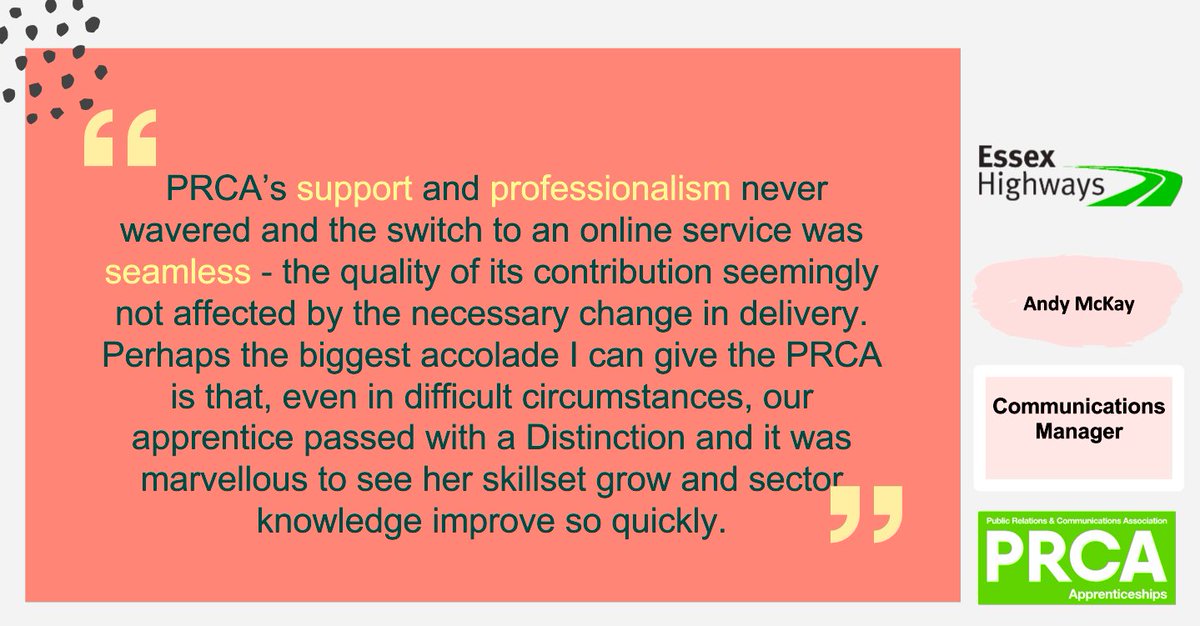 PRapprentices's tweet photo. We're always excited to hear from #PR #Apprentice employers' positive experiences with us. 

To read more employer testimonials, visit our website: https://t.co/O1jRXatagX 

@essexhighways #hireanapprentice #PRapprentice @PRCA_UK https://t.co/m8GP8zorfm