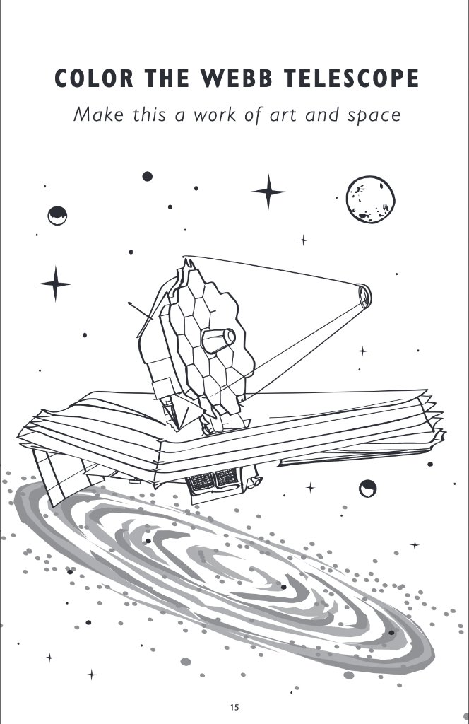 Coloring page within the JWST Fun Pad for kids. Text says: "Color the Webb Telescope: Make this a work of art and space!" Graphic is of the Webb Telescope among galaxies and planets in space.