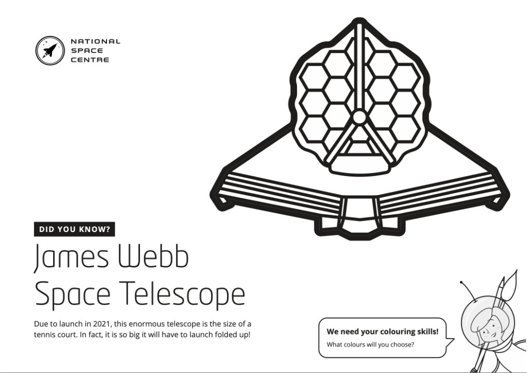 Coloring page of the James Webb Space Telescope, created by the National Space Center in the UK.