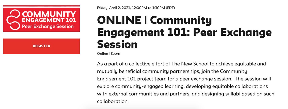 SDSParsons's tweet photo. This Friday at 12pm EST, join Dean @CynthiaLawson Jaramillo and colleagues @EvrenUzervb, #MicheleKahane, &amp; #AngelicaCalabrese for this year’s “Community Engagement 101: Peer Exchange Session.” 

#communityengagement #equity #inclusion #collaboration

https://t.co/tw0U4z5YZi https://t.co/LqPA5PwjNZ
