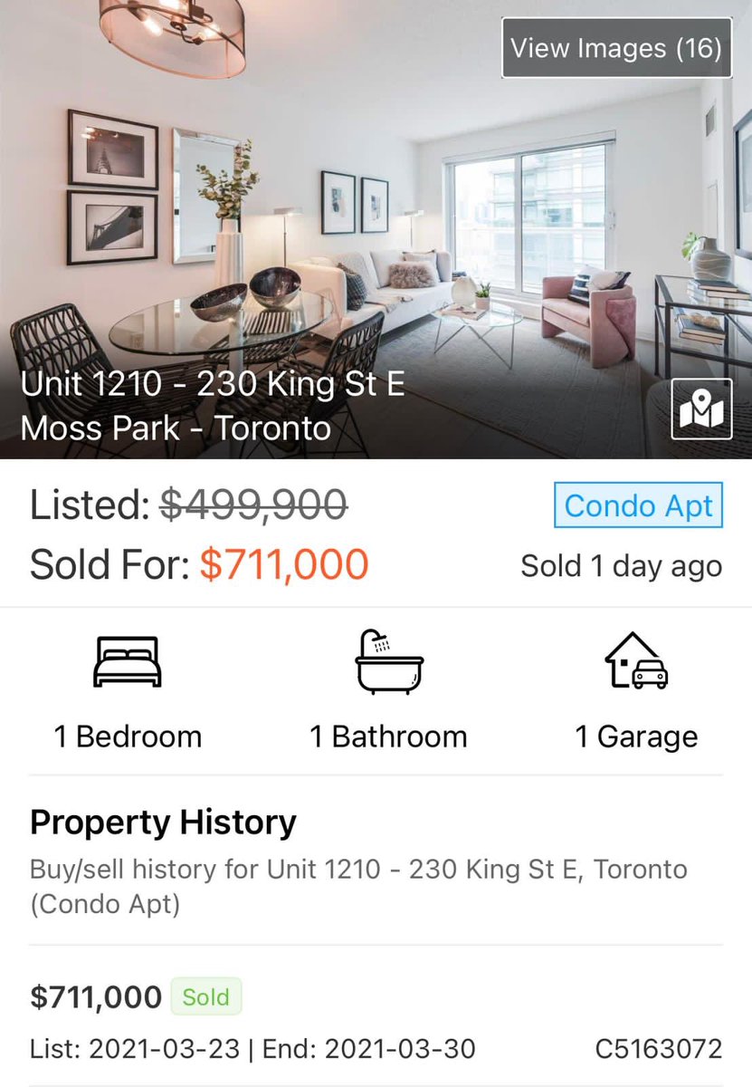 AndrewLaFleur's tweet photo. $1436psf for this 1 bedroom at King and Sherbourne

✅15 year old building 
✅8’ ceilings
✅no view
✅original kitchen and bath https://t.co/6M9Q1ePugp