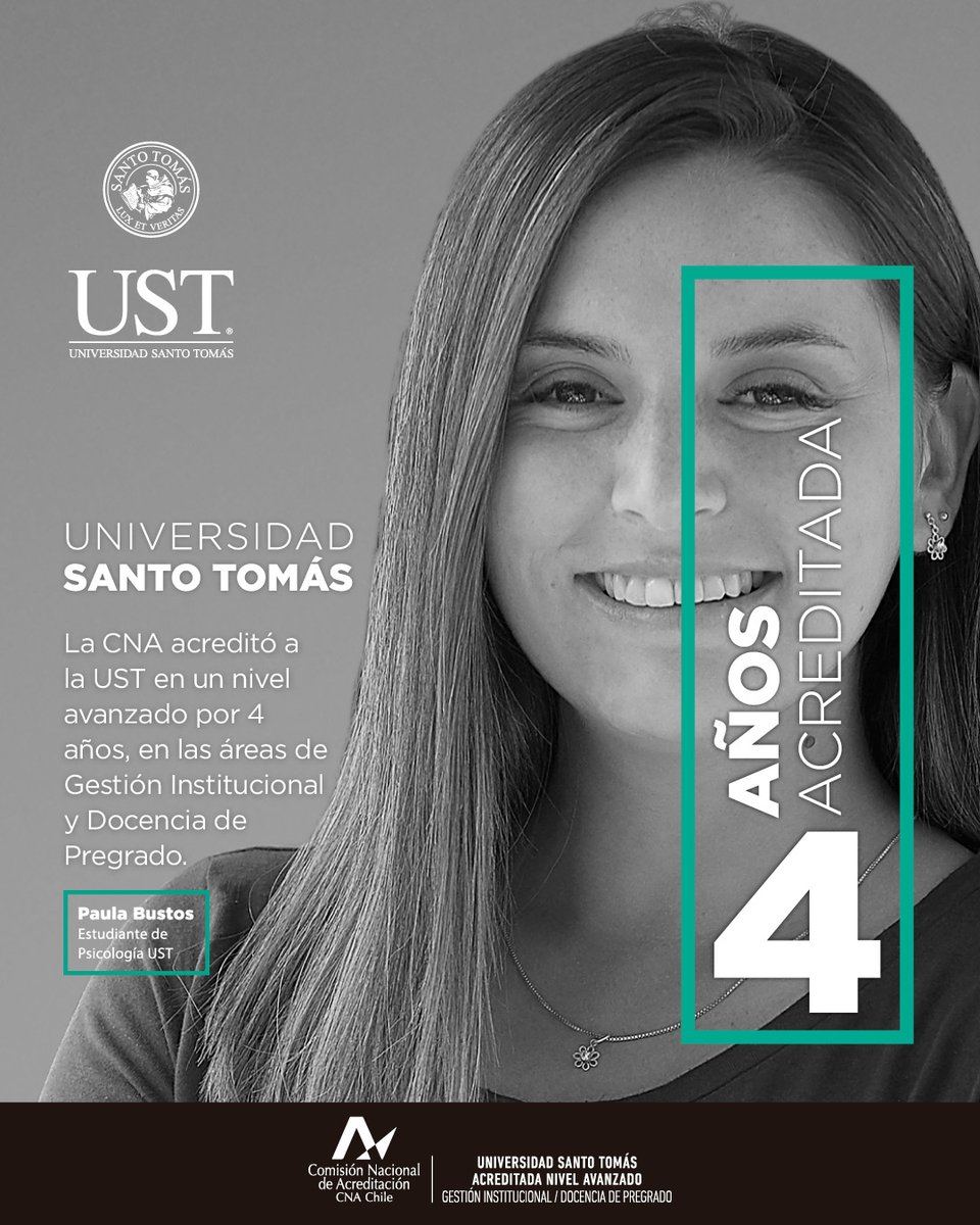 SantoTomas_ST's tweet photo. ¡Esta noticia nos llena de orgullo!: la Universidad Santo Tomás fue acreditada en un Nivel Avanzado por un período de cuatro años por la Comisión Nacional de Acreditación (CNA-Chile), en las áreas de Gestión Institucional y Docencia de Pregrado. #4AñosAcreditada #UST https://t.co/HRyPA8UdMF