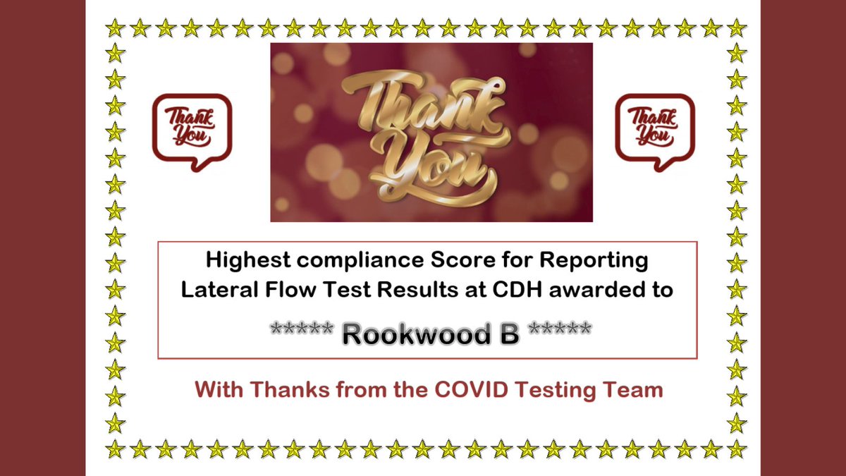 COVIDtestingRPH's tweet photo. Excellent achievement @rookwoodbLTHTR! Compliance with Lateral Flow testing helps to reduce the risk of nosocomial infections. Therefore, improving patient safety, increasing patient confidence in our services and making ward areas safer for patients to attend! https://t.co/JIm8kx2EI2