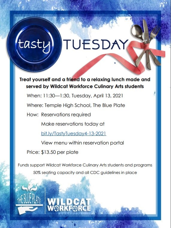 DeniseAyres13's tweet photo. Mark your calendar and make reservations now for next month’s #TastyTuesday hosted by #WIldcatWorkforce #Culinary students in #TheBluePlate – Tuesday, April 13!
https://t.co/XTo2jXwfs9 https://t.co/EGYaOhK2ep