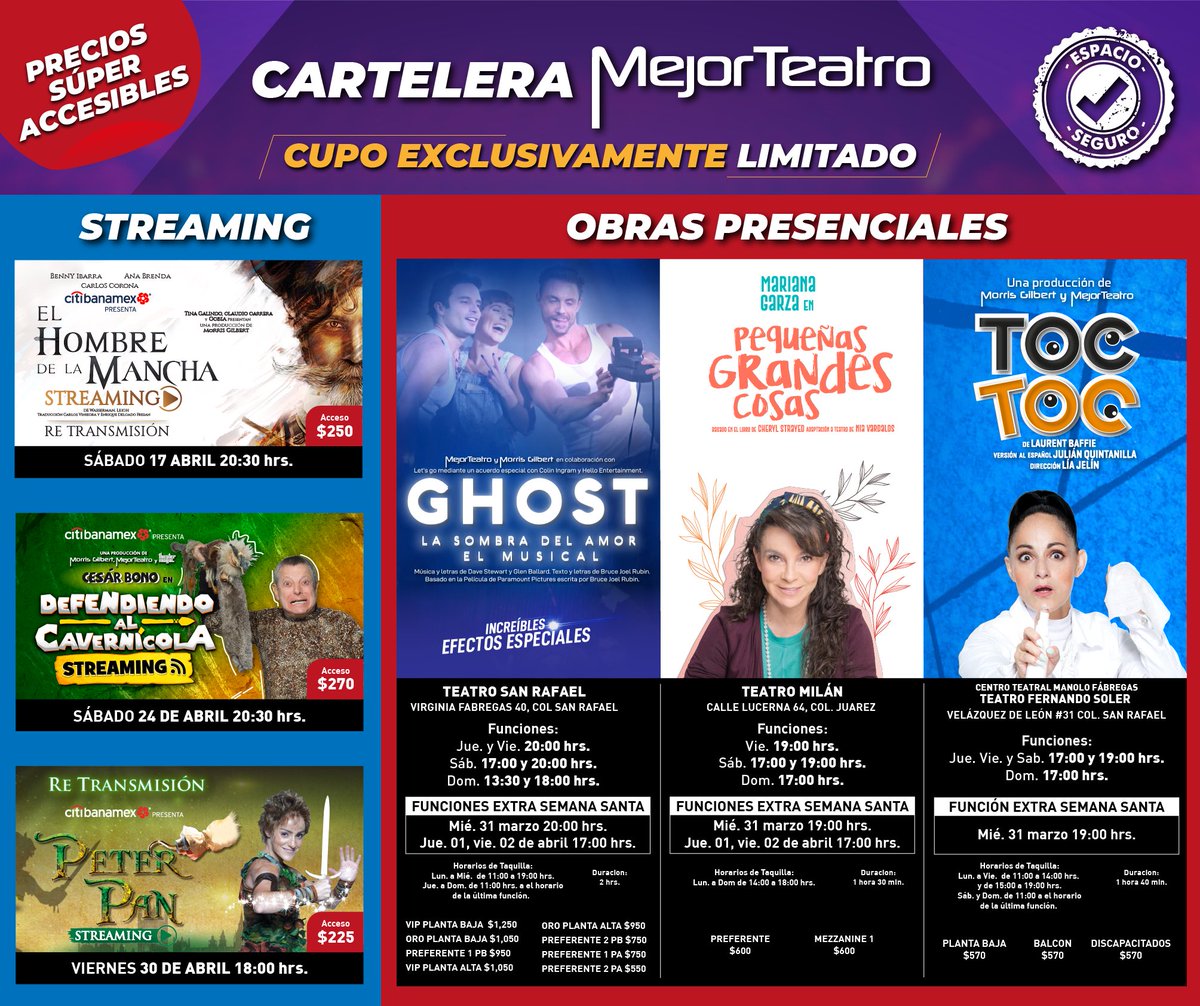 El #MejorTeatro más fuerte que nunca, con funciones presenciales y por streaming.

Compra ya tus boletos o accesos aquí: bit.ly/CarteleraMT