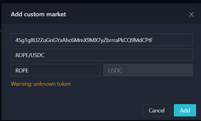 Lets try this again - with less retardness
Our brand new $ROPE / $USDC Market on serum

How to access:
Go to dex.projectserum.com or dex.raydium.io

Click the add custom bottom -Pic 1
Fill the data like this -Pic 2
Mkt Id: 4Sg1g8U2ZuGnGYxAhc6MmX9MX7yZbrrraPkCQ9MdCPtF