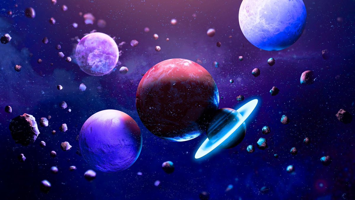 TMoMurr's tweet photo. I’m super excited to share my first realistic 3D art. I took some very naturalistic looking planets and made them colorful, added some grains and asteroids and then added the diffeeent highlights, including that blue ring. Thrilled to show it! Hope you like it #art #create https://t.co/V7FkQw7S7d