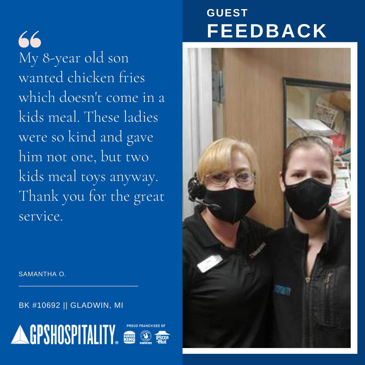 gpshospitality's tweet photo. π Give a thumbs up to Sara and Angie from BK #10692 in Gladwin, MI. They are shining examples of GPS Hospitality's #ServiceObsessed values. Way to go, Sara and Angie! https://t.co/SnpgIEcLo5