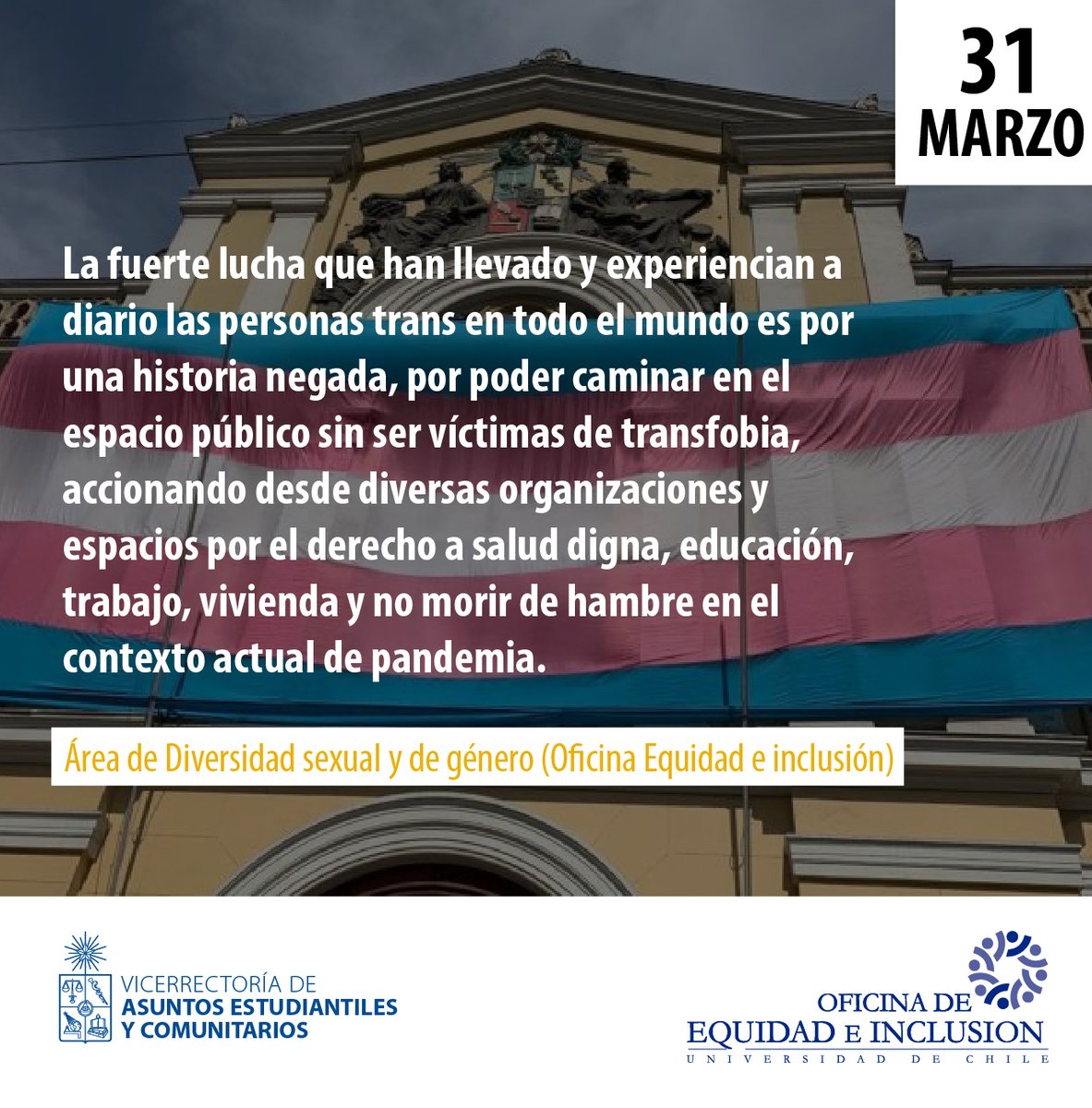#DiaDeLaVisibilidadTrans Área de diversidad sexual y de género🏳️‍⚧️🏳️‍🌈de la <a href="/OficinaEquidad/">Oficina de Equidad e Inclusión - UCh</a> por el derecho al desarrollo de todas las identidades <a href="/VaecUchile/">Vaec</a> <a href="/uchileradio/">Radio Universidad de Chile</a> <a href="/OTDChile/">Asociación OTD Chile</a> <a href="/TodoMejora/">Todo Mejora</a> 
#DerechosTrans #DerechosSociales 
#DerechoalaSalud  #DerechoalaEducación