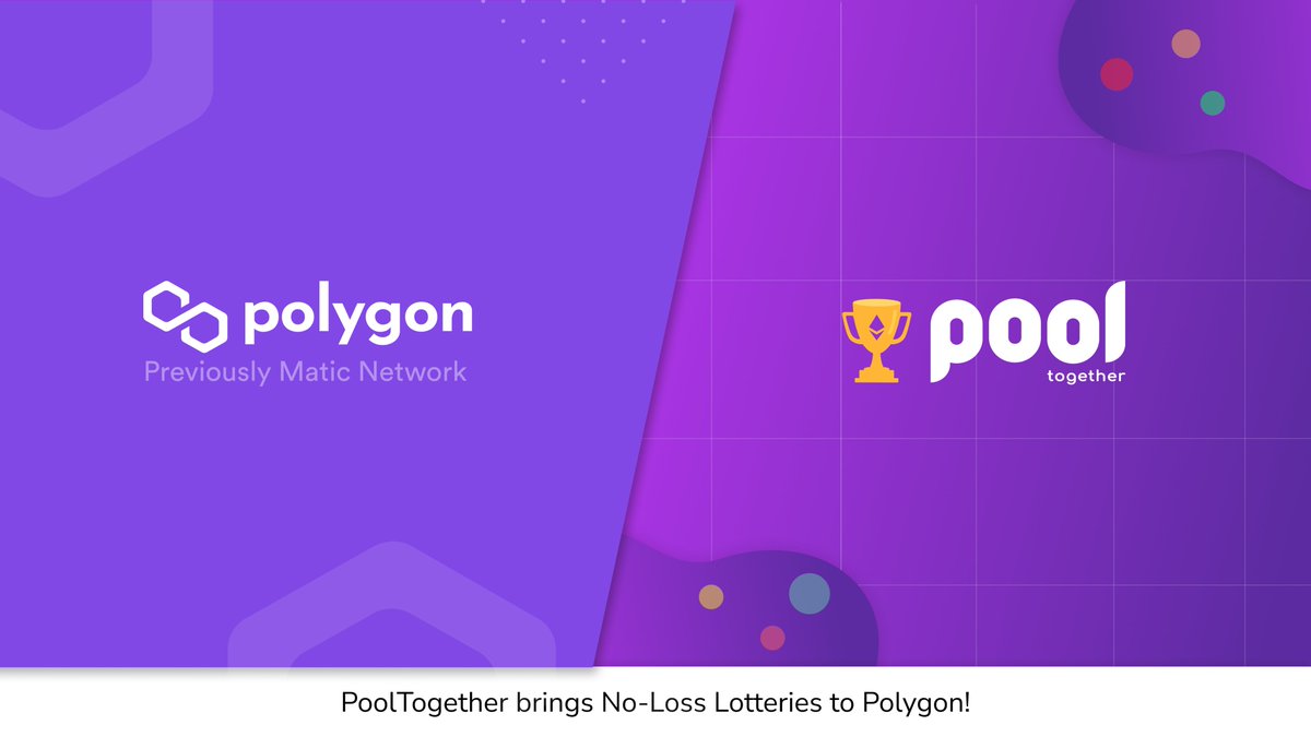 0xPolygon's tweet photo. This Wednesday, we’re rolling out no-loss lotteries at Polygon, thanks to @PoolTogether_   

🏆PoolTogether Protocol will allow anyone to use the prize pool builder &amp; create a no-loss prize pool on Polygon, with high-speeds and 1/100th of the txn costs!

🌐https://t.co/w8inmvB5Wx https://t.co/pw4gBk2SZs
