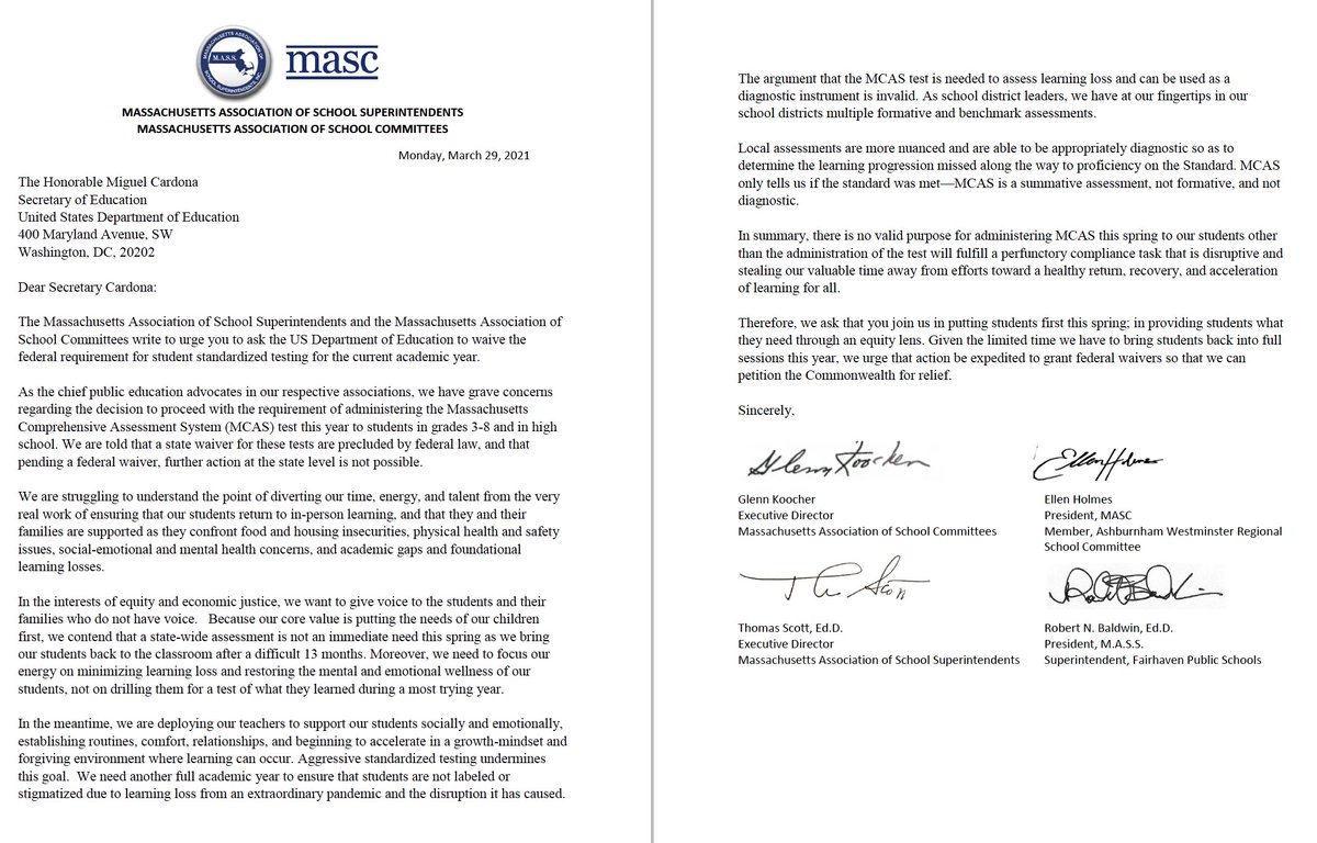 Way to go, MA ed leadership! Excellent letter to <a href="/SecCardona/">Secretary Miguel Cardona</a>: No valid reason to mandate standardized tests this spring.

So good to see <a href="/massupt/">M.A.S.S.</a> and <a href="/MASCSchoolComm/">MASC-SchoolCommittee</a> standing shoulder to shoulder with <a href="/AFTMass/">AFT Massachusetts</a> and <a href="/massteacher/">Massachusetts Teachers Association</a> on this!

drive.google.com/file/d/1VoOSpk…