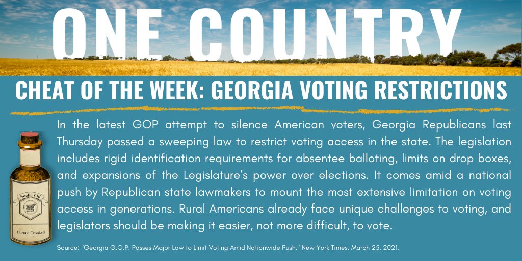 _OneCountry_'s tweet photo. This week’s #CheatoftheWeek goes to Georgia Republicans for attempting to silence American voters. Rural Americans already face unique challenges to voting access, and legislators should be making it easier, not more difficult, to vote. https://t.co/q22kN0FZjY