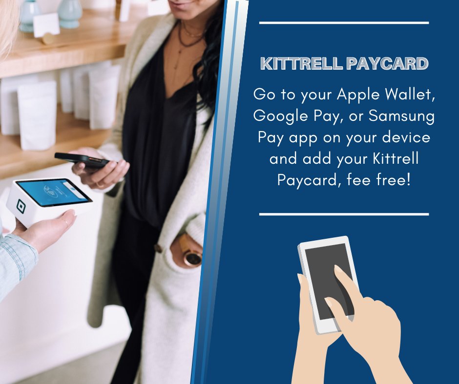 KittrellCard's tweet photo. Enjoy a secure and safe touchless pay option when you add your Kittrell Paycard to your mobile device app payment option – Apple Wallet, Samsung Pay, and Google Pay.

#KittrellPaycard #Paycard #Staffing #Payroll https://t.co/IyzdGiO52m