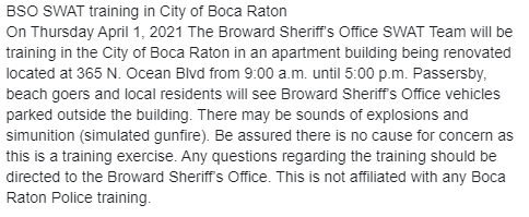 BocaPolice's tweet photo. Tomorrow @browardsheriff will be training in the City of Boca Raton,  See details below. @bocapolice https://t.co/Ez7GNgyep3