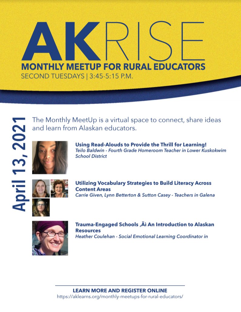 AKRISE will host our final Monthly MeetUp of the school year on April 13th! Come connect with other rural teachers and check out our lineup of presenters. Those not already signed up can register at aklearns.org/monthly-meetup…