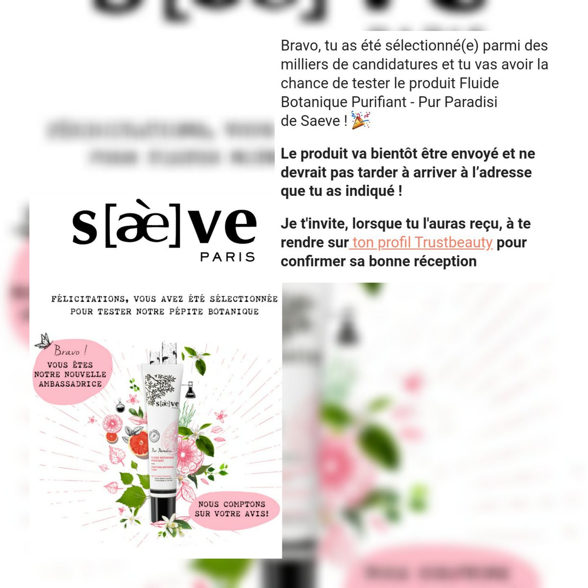 NoorTesteuse's tweet photo. Très contente d'être sélectionnée  pour tester le fluide botanique purifiant - Pur Paradisi de chez #saève_france.
 Hâte de recevoir mon colis.

Merci @trustbeautycrew et #saève_france pour cette belle sélection. https://t.co/hFPEZ3Izjr
