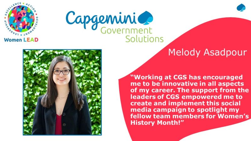 CapgeminiGov's tweet image. Thank you to everyone who has engaged and supported our #ChooseToChallenge series where we have featured some of the women of Capgemini Government Solutions. We are closing out #WomensHistoryMonth with our final spotlight, Melody Asadpour!

#WomenAtCapgemini #GetTheFutureYouWant
