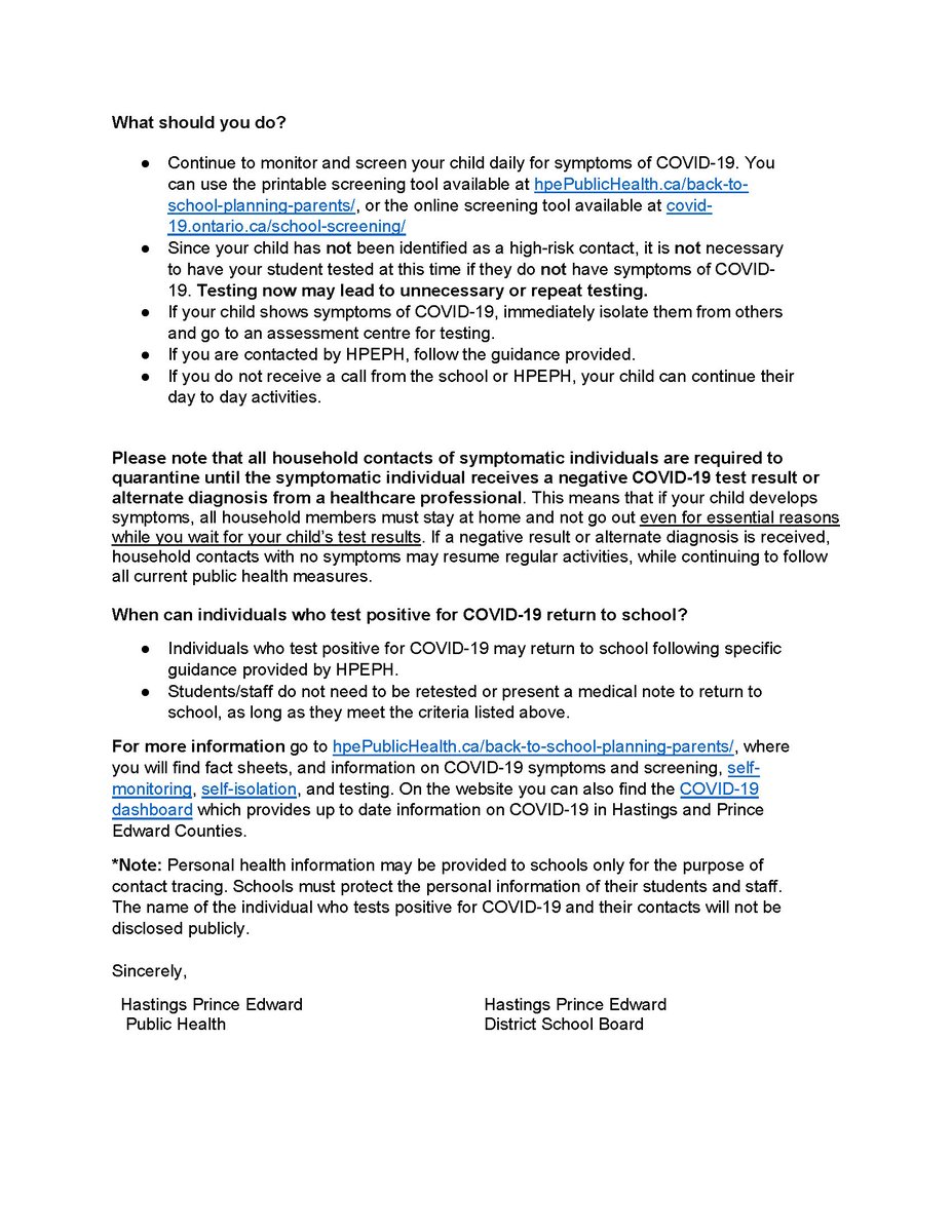 HPEschools's tweet photo. Notice: there are two unrelated cases of COVID-19 confirmed in students at Trent River PS and Prince Charles School in Quinte West. Public Health is contacting all high-risk contacts directly. Students considered at low risk for COVID-19 exposure will receive the following letter https://t.co/8QRKQqpPeu