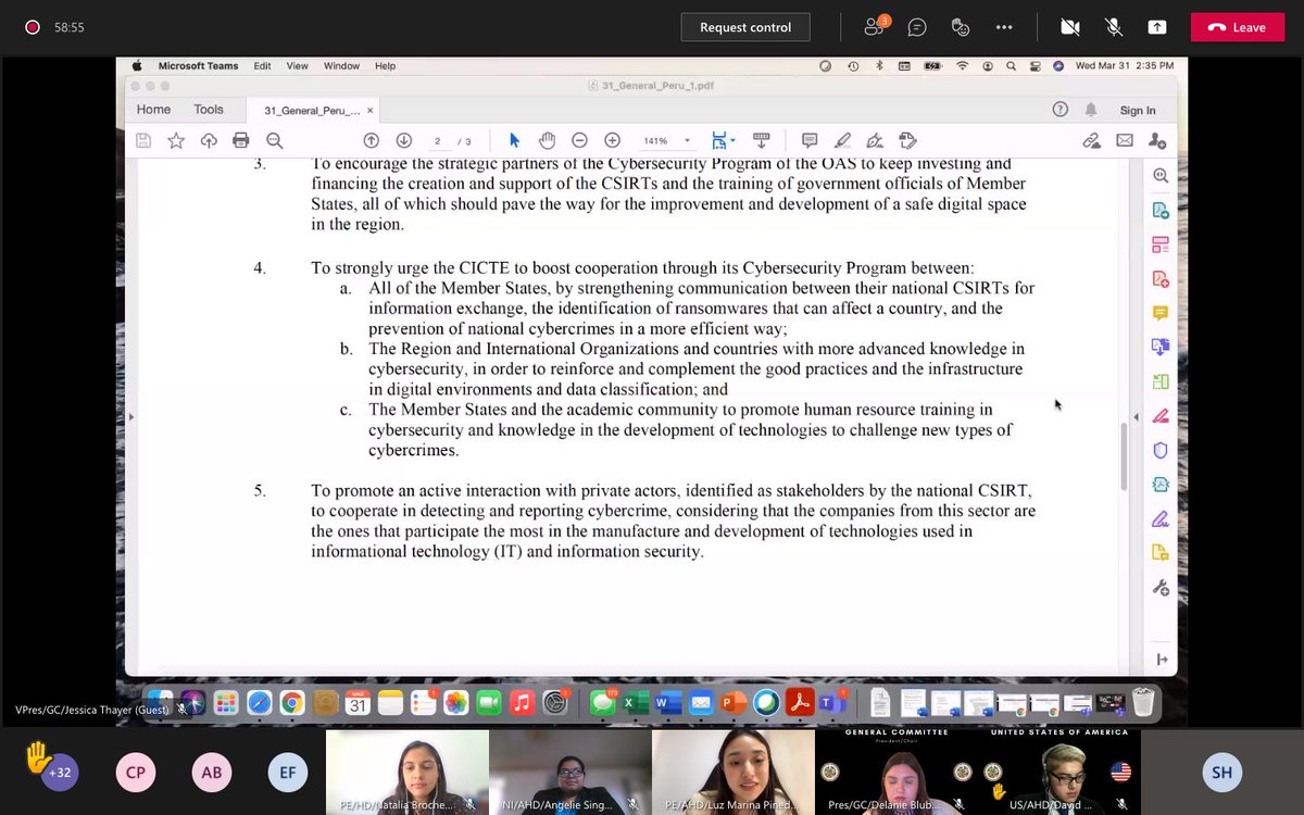 iddawmoas's tweet photo. Discussion from the General Committee on the PDR proposed by the delegation of Peru 🇵🇪  🇵🇪  🇵🇪  about cybersecurity in the Hemisphere. #DiplomacyinAction #2021VirtualWMOAS https://t.co/ixdt2oHpIZ