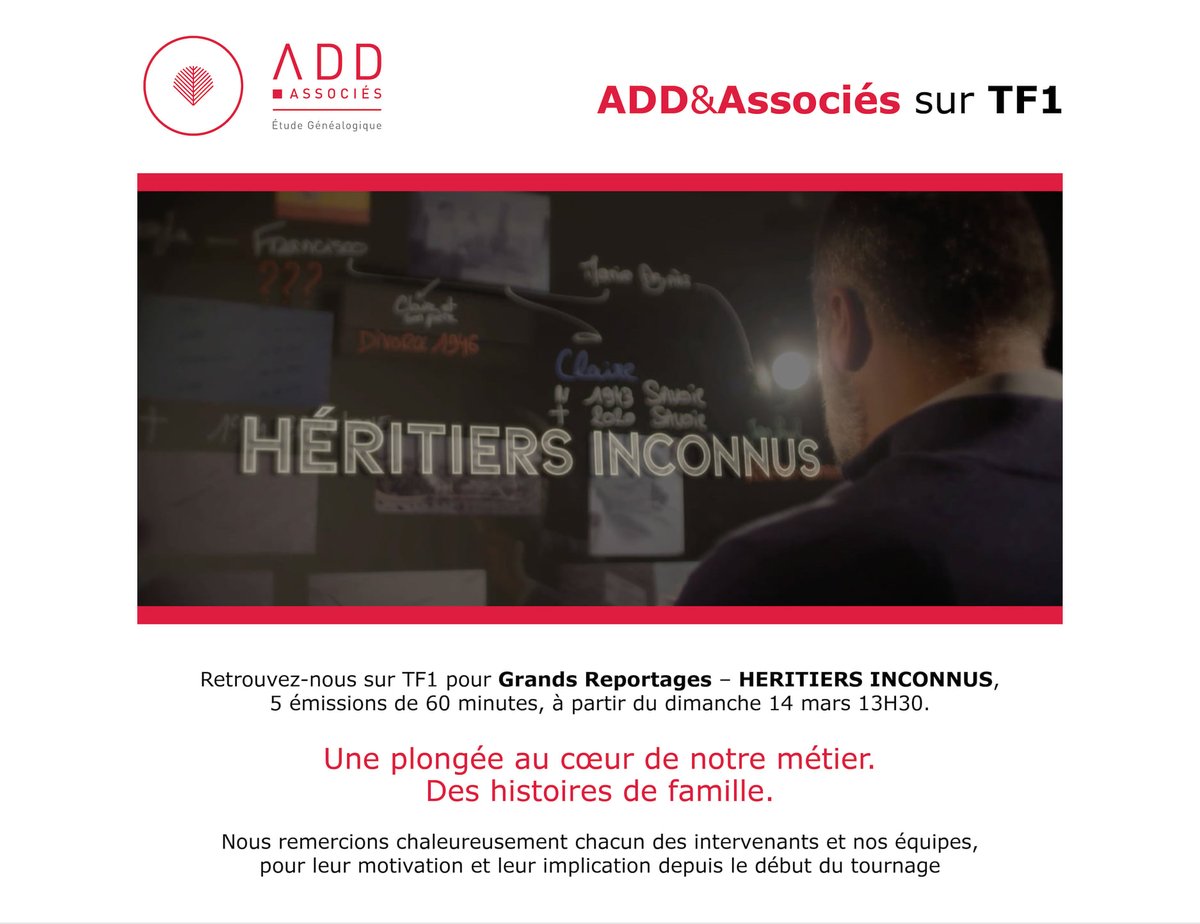 Vous êtes incroyablement nombreux à suivre les enquêtes de nos chercheurs dans "Grands Reportages : Héritiers inconnus", sur <a href="/TF1/">TF1</a>.

La suite ce dimanche 4 avril, à 13h30, avec l'épisode 4 !

#medias #reportage #genealogie #histoire #famille