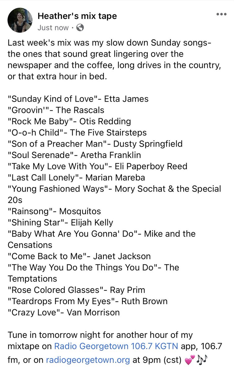 Last week’s mix featured @OtisRedding, @ArethaFranklin, @elipaperboyreed, @elijah_kelley, @JanetJackson, @thetemptations, @rayprim, @ruthjbrown, @vanmorrison & more. Tune in every Thursday 9pm on @KGTNGeorgetown 💕🎶