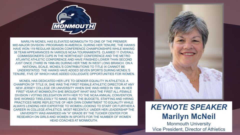 NJAIAW2's tweet photo. To wrap up Women’s History Month we want to recognize 2️⃣ incredible women who have made an impact on NJ athletics.

Marilyn McNeil has elevated Monmouth University to one of the premier mid-major D1 programs in the US. She has dedicated her life to gender equality in athletics. https://t.co/9zsCN49L6T