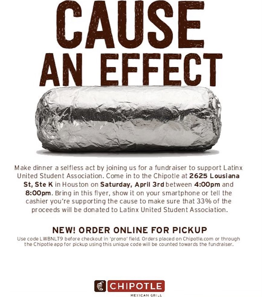 Exciting news! We’ve partnered up with Chipotle to host our first fundraiser! 🥳 With your help we can raise enough money to continue to help fund our organization. All you have to do is get some Chipotle! Show them the flyer and order. Hope to see you there! 🌮