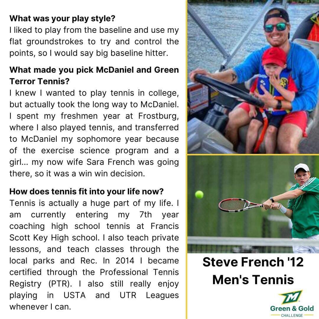 mcdaniel_tennis's tweet photo. ***Alumni Spotlight*** Steve French ‘12 is bettering tennis in the greater McDaniel community through coaching at various youth levels. He is still an active alum of the program, and his continual support of the Green Terror Tennis Team has not gone unseen! @mcdanielsports https://t.co/wlmeFgnXAO
