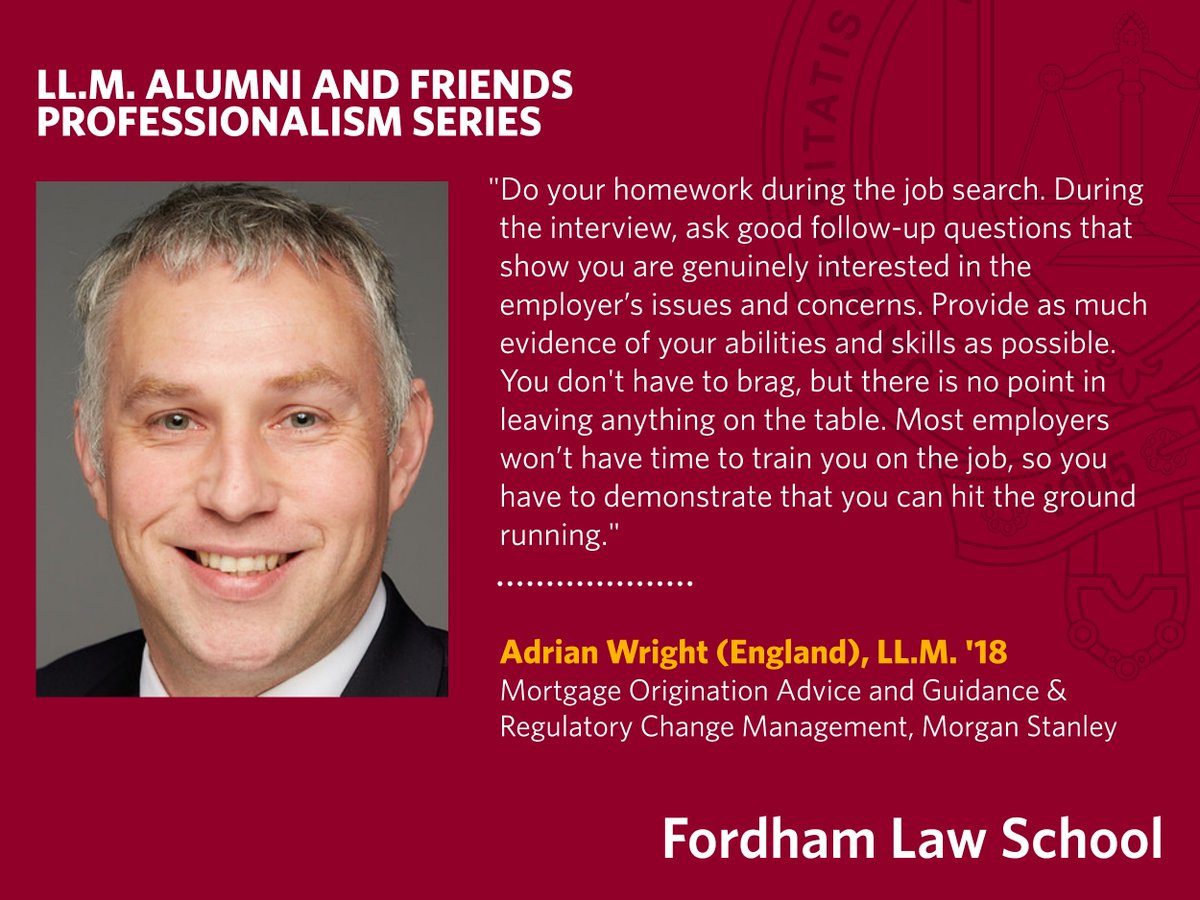 FordhamLawINTL's tweet photo. #LLM Alumni and Friends Professionalism Series - Adrian Wright, LL.M. '18
Mortgage Origination Advice and Guidance & Regulatory Change Management, Morgan Stanley
#FordhamLaw #LLMAlumni https://t.co/XKl0EC4ndS