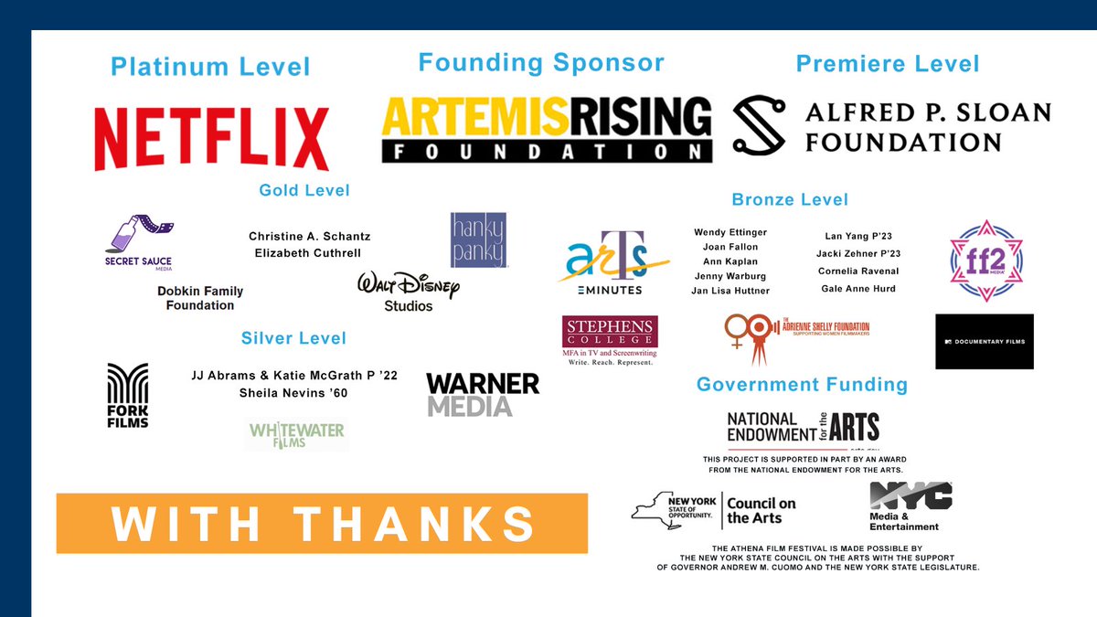 Athenafilmfest's tweet photo. All good things must come to an end...
We want to take some time to thank the sponsors that have made this year's #AthenaFF possible! 💙
@netflix @artemisrising_ @SloanFoundation @DisneyStudios @HankyPankyLtd @WhitewaterFilms @ForkFilms @WarnerMedia @MadeinNY @NEAarts https://t.co/kUCsgB4tjF