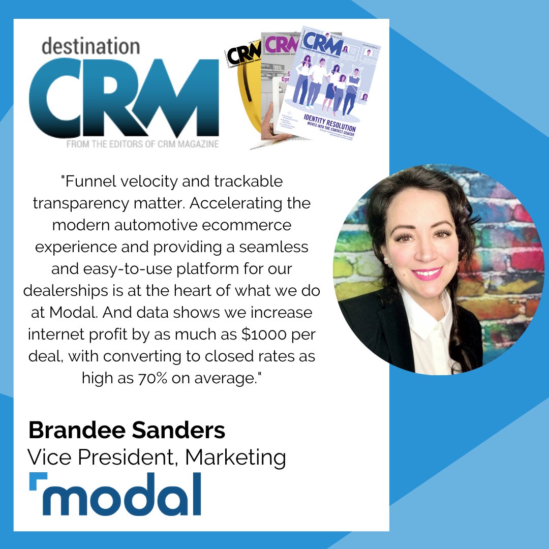 modalcommerce's tweet photo. In The News: Modal's VP of Marketing Brandee Sanders featured in #CRM Magazine discussing automotive ecommerce: https://t.co/Dcgiuj4aZT
#autoecommerce #digitalretailing #autotech #carsales #automotivesales #dealership #OEM #ModalUp #drivesales #demandgen #digitalmarketing https://t.co/dbf8w1mQRO