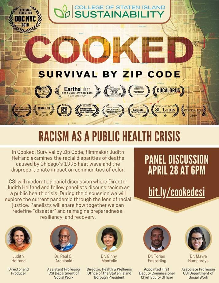 SustainableCSI's tweet photo. Join us for a panel discussion about the film, Cooked: Survival by Zip Code, as we examine the disproportionate impact on communities of color during 1995 Chicago heat wave. Register here! https://t.co/EElEY1v4JN 

#chicagoheatwave #racialdisparities #racism https://t.co/zMf6cNMj20