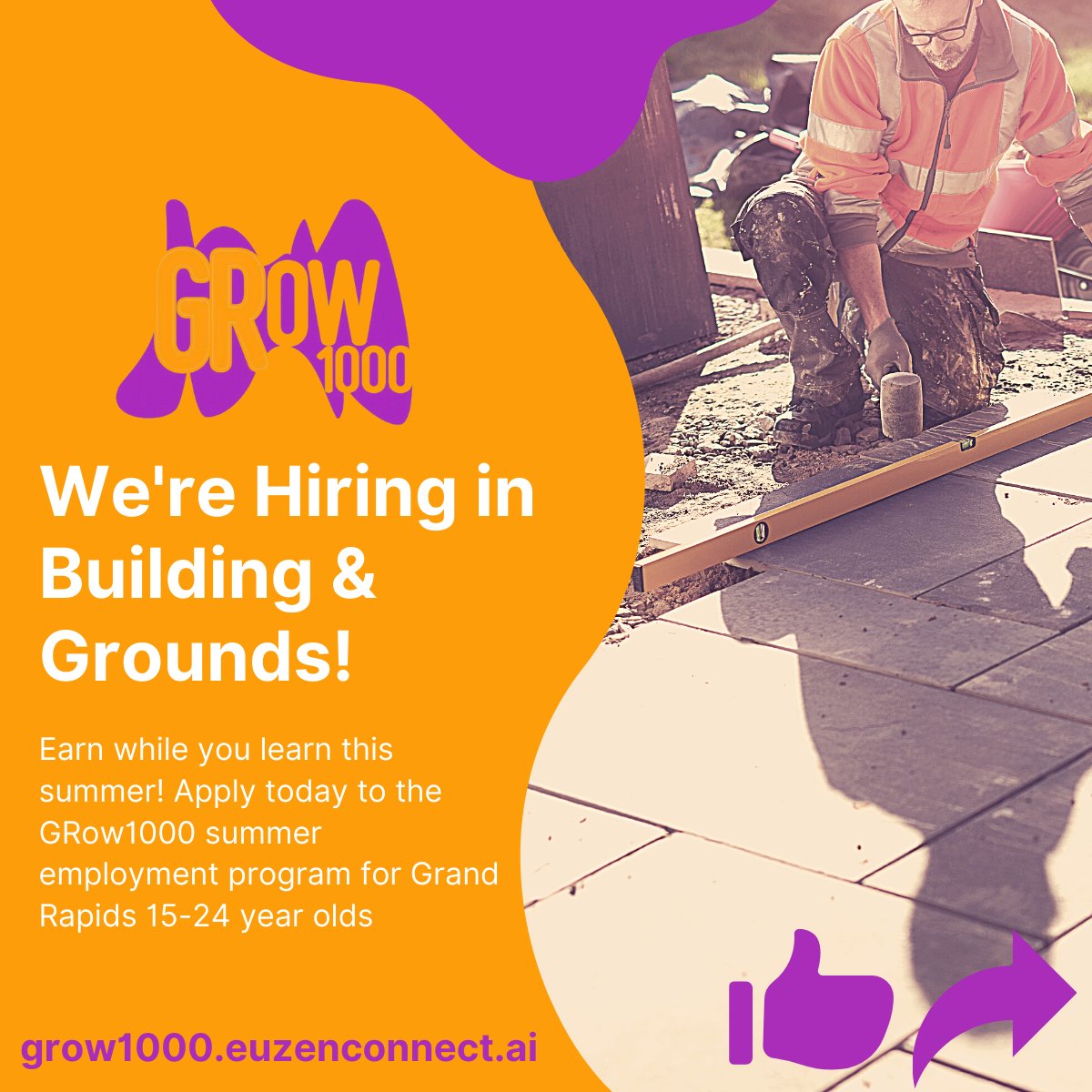 Apply to land one of hundreds of summer jobs as part of the 2021 GRow1000 program!

Excited to partner with The City of Grand Rapids to help youth and young adults build a strong career foundation.

Learn more and apply to the program here:
ow.ly/B1LP50Eaauk

Like &amp; Share!