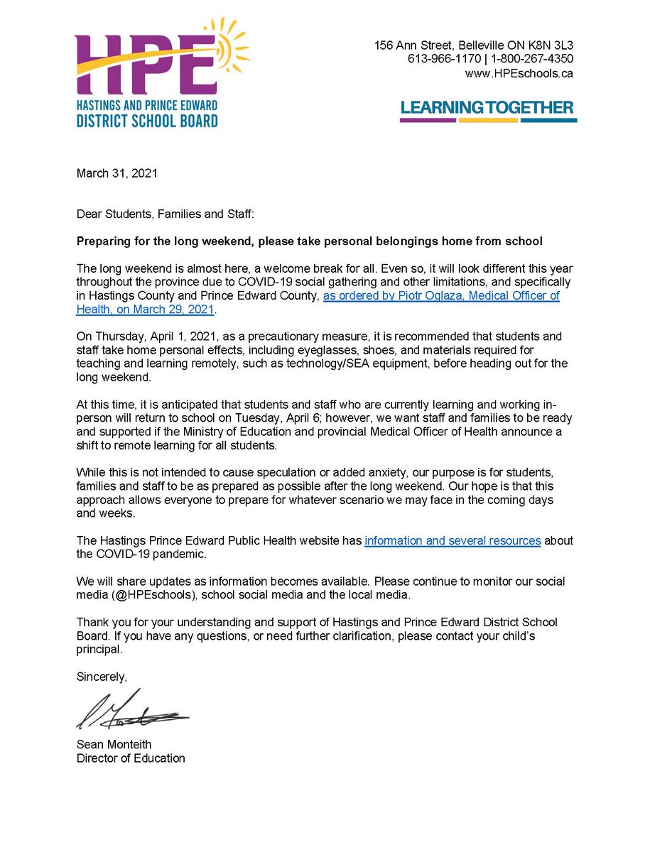 Director of Education, Sean Monteith has shared a letter asking students to take their personal belongings home from school on Thursday as a precaution in the event the Ministry of Education suspends in-person learning next week.
