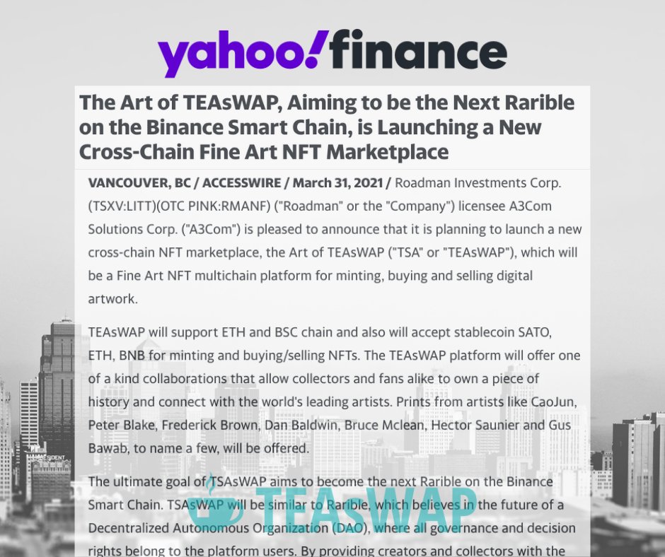 ArtTeaswap's tweet photo. Check out our latest news on #YahooFinance @YahooFinance https://t.co/VOP6Vqo48Q
$LITT #BNB #Makersplaceco #rarible #opensea #TEAsWAP #IRO #IDO#NFT #caojunart #NFTforfuture #NFTforgood #NFTArt #CryptoArt #NFTcommunity #iCashRewards #TheArtOfTeaSwap #CaoJunNFT #TSA #CJAI #SATO https://t.co/inuY2vJzDb