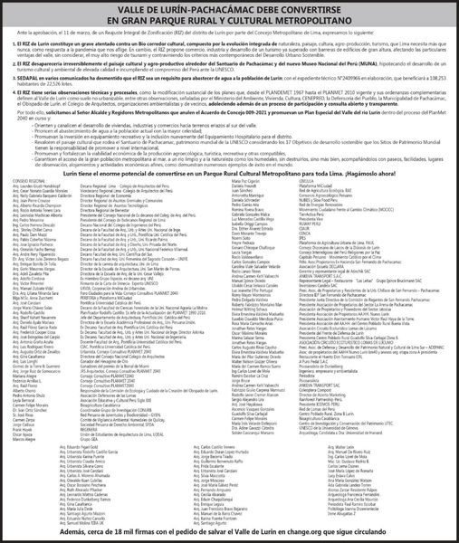 ¡Hoy será un día decisivo para la biodiversidad! ✊🏽🏞️
Diversas organizaciones y personas independientes, se suman al rechazo y respaldan la anulación del Reajuste Integral de Zonificación (RIZ) del Valle de Lurín, HOY a las 3PM en el Consejo Metropolitano.
#jorgemuñozwells