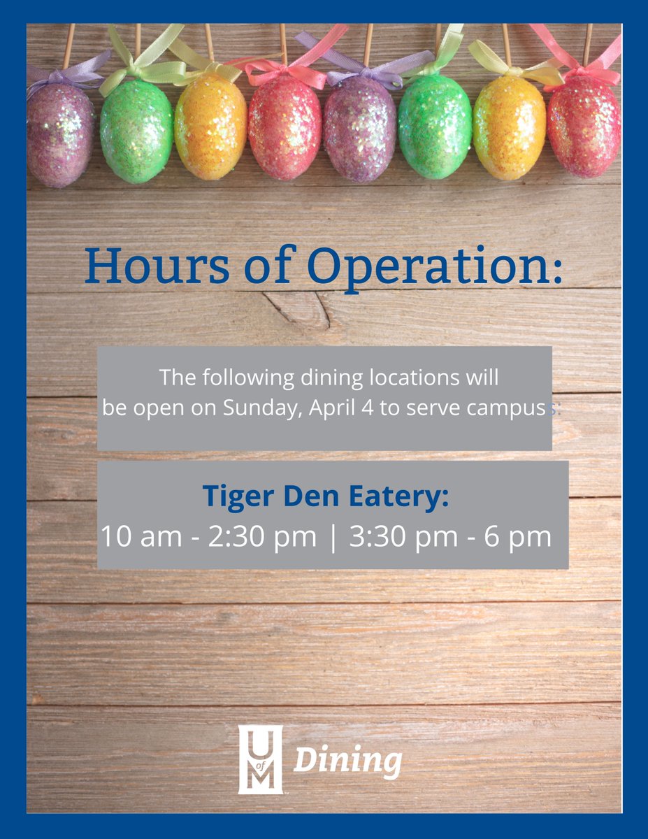 *SCREENSHOT THIS*📸 Here's our hours of operation for this Sunday, April 4!

#dineatuofm