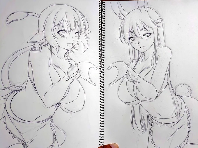 昨日は友人に牛ビキニミニスカメイドの牛娘&兎娘の線画描いて見せてた。アナログです 
