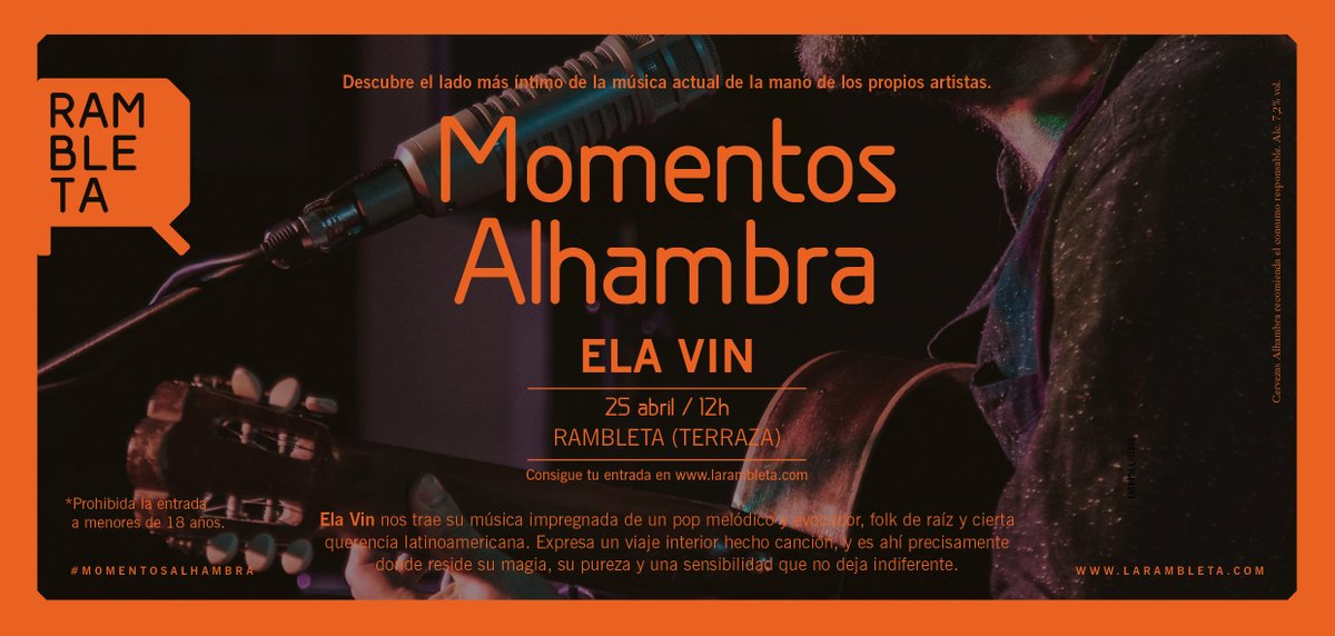 La_Rambleta's tweet photo. El 🗓 25 de abril vuelven los #MomentosAlhambra a la ☀️ #Terraza de Rambleta con el pop melódico y el folk evocador de la compositora y multi-instrumentista #ElaVin.
¡Ven a saborear la mejor #música al aire libre! 🎟👉 https://t.co/uOhlxrwnAg
@Alhambra_Es @TRANQUILOMUSICA https://t.co/1GmXAQWI3E