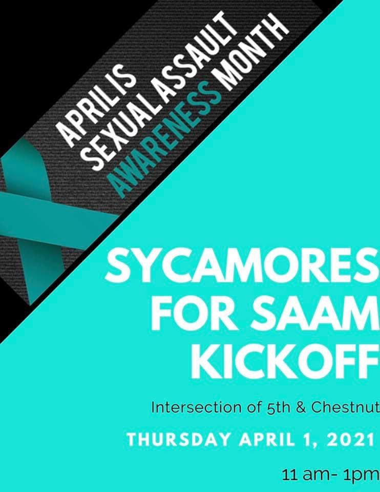 Come out for our Sycamores for Sexual Assault Awareness Month! Free food and registration available for April 6th Keynote speakers, Jennifer Hirsch and Shamus Khan!

We will be out near the fountain from 11am-1pm on the intersection of 5th and Chestnut (near Welcome Center)!