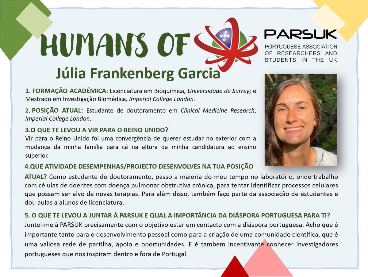 A 𝗝𝘂́𝗹𝗶𝗮 𝗙𝗿𝗮𝗻𝗸𝗲𝗻𝗯𝗲𝗿𝗴 𝗚𝗮𝗿𝗰𝗶𝗮 <a href="/julfrankenberg/">Julia Frankenberg Garcia</a>
é estudante de doutoramento do <a href="/imperialcollege/">Imperial College London</a> e o seu projecto de investigação foca-se no estudo da doença pulmonar obstrutiva crónica. Sabe mais ao ler a nossa rubrica.

#PARSUK #HumansofPARSUK #PTinUK
